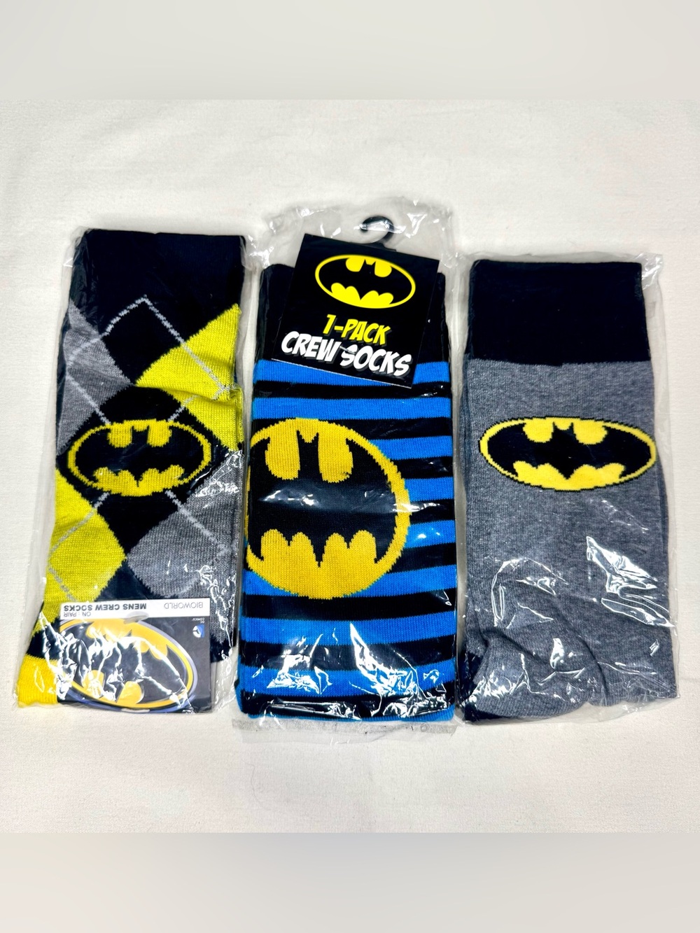 Batman Crew Socks Trio Pack in Yellow, Blue & Gray